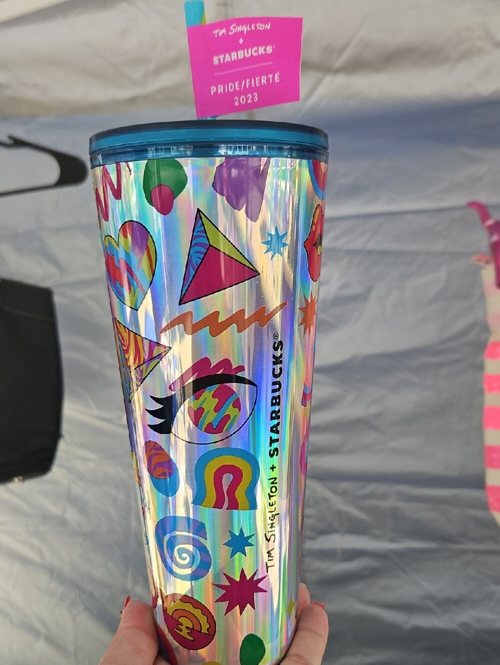 Starbucks Holographic Pride Tumbler with Blue Lid and Multicolor Graphics